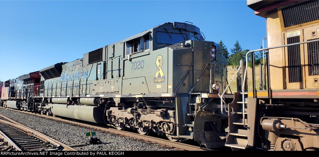 CP 7020 A Canadian Pacific Heritage Unit sits in the BNSF Kalama Washington Siding as the #3 unit on A Southbound Manifest. 